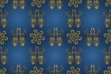 Damask pürüzsüz süsü. Geleneksel ve altın desenli. Klasik oryantal desen bej, sarı ve mavi renkler üzerine.