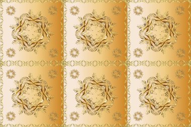 Bej, sarı ve turuncu renklerde altın element. Barok tarzında altın çiçekli süs. Damask pürüzsüz yineleme kalıbı. Antika altın tekrarlanabilir duvar kağıdı.