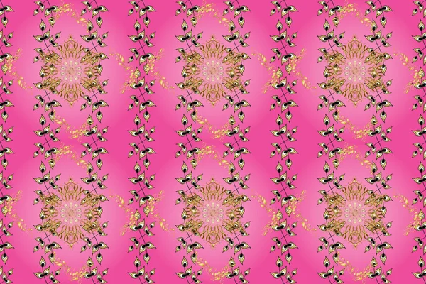 Geleneksel oryantasyon süsü. Altın desenli sarı, gri ve pembe renklerde altın elementler. Kusursuz klasik altın desen. Klasik vintage arkaplan.