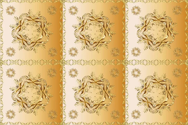 Bej, sarı ve turuncu renklerde altın element. Barok tarzında altın çiçekli süs. Damask pürüzsüz yineleme kalıbı. Antika altın tekrarlanabilir duvar kağıdı.