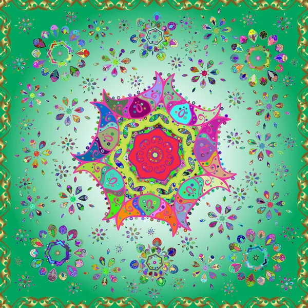 Croquis Vectoriel Mandala Mehndi Coloré Sur Vert Neutre Bleu Style — Image vectorielle