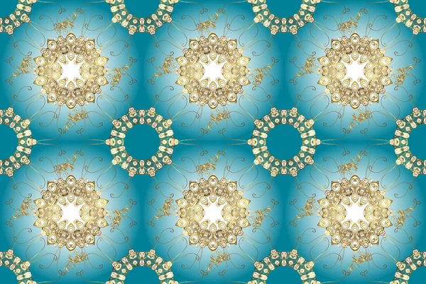 Backdrop, fabric, gold wallpaper. Flat hand drawn vintage collection. Golden seamless pattern. Golden pattern on neutral, blue and brown colors with golden elements.