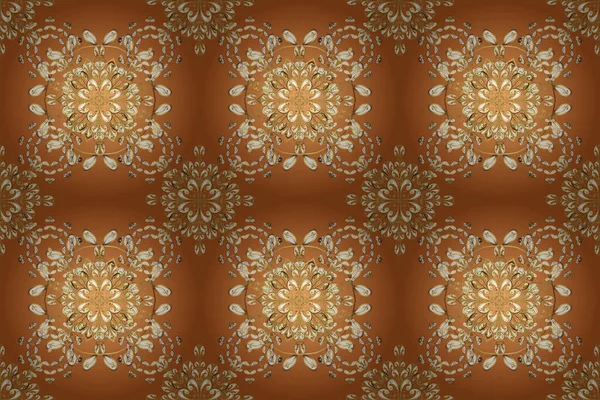 Çiçek süsü kumaş deseni, cam, çiçek desenli metal kahverengi, bej ve turuncu renklerde altın elementler. Klasik altın pürüzsüz desen.