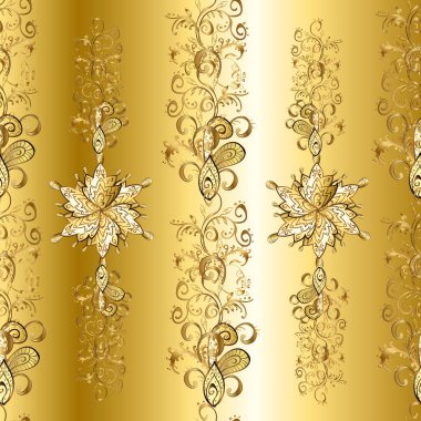 Kusursuz desen. Kumaş, Tekstil, Baskı ve Davetiye için arka plan. Bej, kahverengi ve sarı renkli resimler. Vektör kaligrafi girdaplar, kabartmalar, süslü motifler ve parşömenler. Flourish etiketleri.