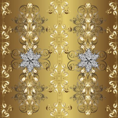 Arabesk ve çiçekli doğu vektör deseni. Geleneksel klasik sarı, nötr ve kahverengi renk süsleme elementleri. Kusursuz. Arabesk ile klasik desen.