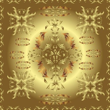 Ev dekoru. Vektör. Sarı, kahverengi ve nötr renkler üzerine bir resim. Fantezi çiçekli kusursuz desen, doğal çizim, çiçek desenli kıvrım çizimi. Paisley el çizimi elementler.