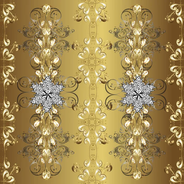 Arabesk ve çiçekli doğu vektör deseni. Geleneksel klasik sarı, nötr ve kahverengi renk süsleme elementleri. Kusursuz. Arabesk ile klasik desen.