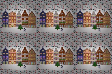 Çocuklar için mükemmel kumaş, tekstil, çocuk odası duvar kâğıdı. Evler, ağaçlar ve dağlarla renkli desenler. Kahverengi, beyaz ve gri renkler üzerine şirin doğa manzarası.