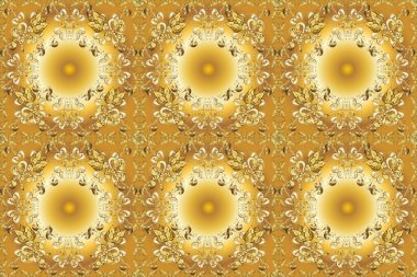 Sarı, kahverengi ve bej renkli elementler. Farklı süslemeli kar taneleri. Retro tekstil koleksiyonu. Geometrik motifli basit, pürüzsüz bir Noel deseni. Raster illüstrasyonu.