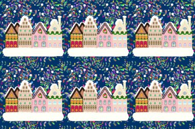 Landscape on blue, neutral and beige colors background. Raster Abstract Architecture Illustration. Houses. Flat Design Urban.
