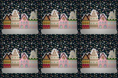 Perfect for wallpaper, kids fabric. Hand drawn raster abstract scandinavian graphic illustration with house, trees and mountains on beige, neutral and blue colors. Nordic nature landscape concept.
