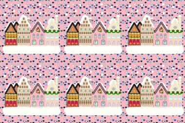Illustration on blue, neutral and beige colors. Raster illustration. Colourful houses on fancy landscape.