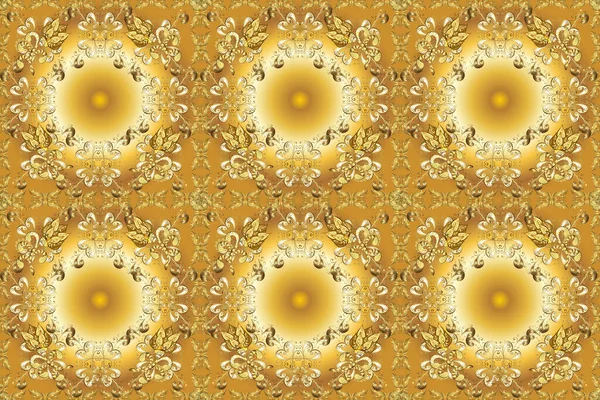 Sarı, kahverengi ve bej renkli elementler. Farklı süslemeli kar taneleri. Retro tekstil koleksiyonu. Geometrik motifli basit, pürüzsüz bir Noel deseni. Raster illüstrasyonu.