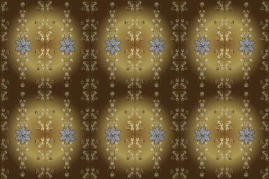 Paisley el çizimi elementler. Fantezi çiçekli kusursuz desen, doğal duvar kağıdı, çiçek desenli kıvrım çizimi. Raster. Kahverengi, nötr ve sarı renkler. Ev dekoru.