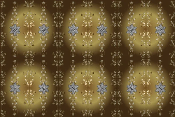 Paisley el çizimi elementler. Fantezi çiçekli kusursuz desen, doğal duvar kağıdı, çiçek desenli kıvrım çizimi. Raster. Kahverengi, nötr ve sarı renkler. Ev dekoru.