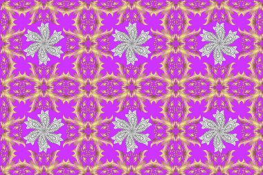 Sarı, mor ve nötr renklerdeki desenler. Kıvrımlı karalama arka planı. Mehndi tasarımı. İzsiz bir model. Etnik renkli karalama dokusu. Raster illüstrasyonu.