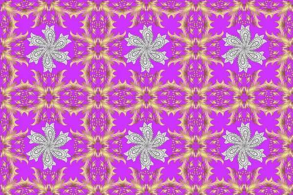 Sarı, mor ve nötr renklerdeki desenler. Kıvrımlı karalama arka planı. Mehndi tasarımı. İzsiz bir model. Etnik renkli karalama dokusu. Raster illüstrasyonu.