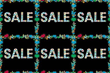 Sonbahar indirimi pankartı tasarımı, online alışveriş için özel teklif. Kusursuz desen. Siyah, mavi ve beyaz renkli bir resim. Mektup. Raster..