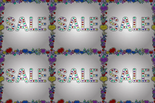 Raster. Kusursuz desen. Projeniz için tarz geçmişi olan koleksiyon, ticari afiş, flayer, animasyon, reklam, satış, çerçeve. İndirim harfleri mor, beyaz ve siyah renklerde..