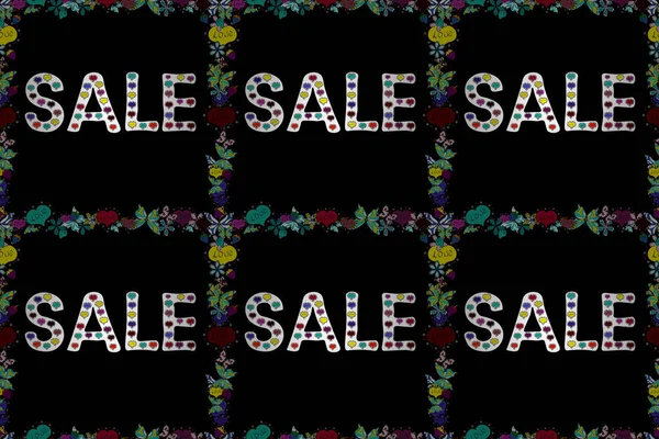 Bahar arka planı. Raster illüstrasyonu. Beyaz, siyah ve mavi renkler üzerine dekorasyonla birlikte terfi teklifi. Satış için kart. Kusursuz. Renkli arkaplanda elementleri olan satış afişi şablonu.