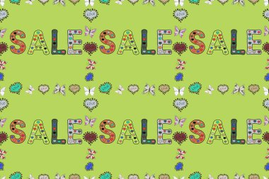 Satış afişi tasarımı, büyük indirim özel teklifi. Kusursuz desen. Sezon sonu özel teklif afişi. Gri, siyah ve yeşil renkli bir resim. Raster illüstrasyonu.