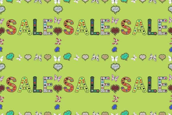 Satış afişi tasarımı, büyük indirim özel teklifi. Kusursuz desen. Sezon sonu özel teklif afişi. Gri, siyah ve yeşil renkli bir resim. Raster illüstrasyonu.