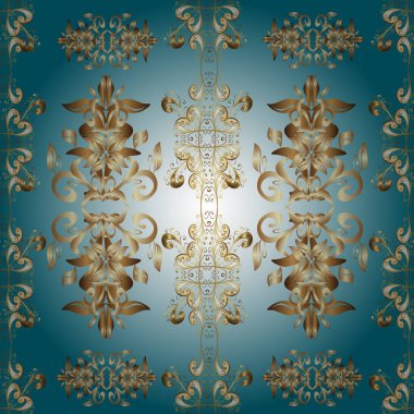 Geleneksel vektör ve altın desen. Klasik oryantal desen, bej, nötr ve mavi renklerin üstündedir. Damask pürüzsüz süsü.