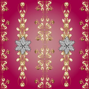 Vektör altın pürüzsüz desen. Altın desenli mor, bej ve pembe renklerde altın elementler. Arkaplan, kumaş, altın duvar kağıdı. Düz elle çizilmiş vintage koleksiyonu.