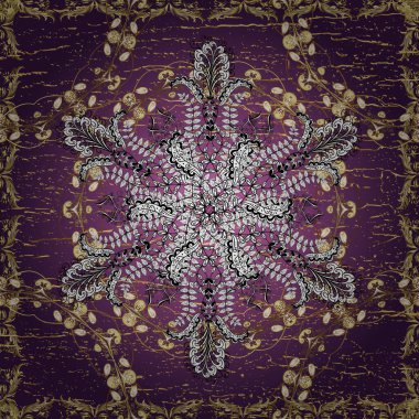 Doğu tarzı arabesk. Kusursuz altın desenli bukleler. Vektör. Parlak dantel, stilize çiçekler, şal desenli. Mor üzerinde kusursuz desen, altın elementli mor renkler. Altın deseni aç.