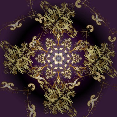 Damask kusursuz yinelenen arkaplan. Barok tarzında altın çiçekli süs. Doku arka planında altın duvar kâğıdı. Kahverengi, mor ve siyah renklerde altın element.