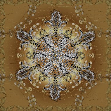 Noel, kar tanesi, yeni yıl 2019. Altın elementlerle bej, sarı ve kahverengi renklerde kusursuz klasik desen.