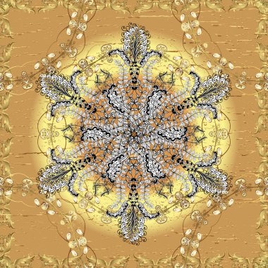 Vektör doğu süsü. Kusursuz altın desen. Sarı, turuncu ve bej renklerde altın elementlerle kusursuz desen.