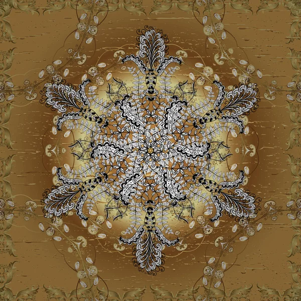 Noel, kar tanesi, yeni yıl 2019. Altın elementlerle bej, sarı ve kahverengi renklerde kusursuz klasik desen.