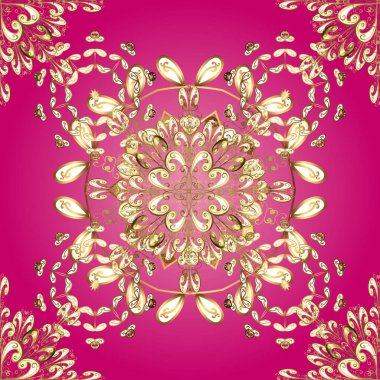 Barok tarzında altın çiçekli süs. Doku arka planında altın duvar kâğıdı. Damask kusursuz yinelenen arkaplan. Bej, morumsu ve pembe renklerde altın element.