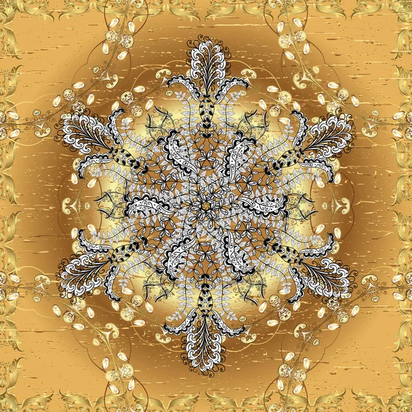 Brown Yellow Beige Colors Golden Elements Golden Floral Ornament Brocade — Stock Photo, Image