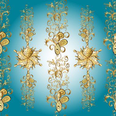 Altın elementli mavi, kahverengi ve nötr renklerde klasik dikişsiz desen. Vektör illüstrasyonu.