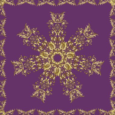 Mor, kahverengi ve altın elementli nötr renklerde vektörsüz desen. Şam tasarım için kusursuz desen.