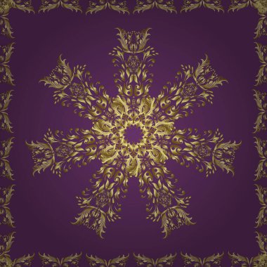 Vektör çizimi. Tarafsız, mor ve kahverengi renklerde Kraliyet retro 'su. Altın şablon. Kusursuz desenli altın elementler. Klasik çiçek dokusu. Kart, duvar kağıdı, ambalaj, tekstil için klasik tasarım.