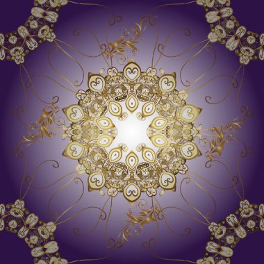 Kahverengi, nötr ve menekşe rengi ve altın elementli klasik, dikişsiz desen. Noel 2019, kar tanesi, yeni yıl.