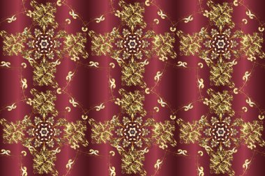 Altın çiçekli, pürüzsüz desen. Kırmızı, kahverengi ve sarı renklerde altın bir element. Barok tarzında altın çiçekli süs. Damask arkaplanı.
