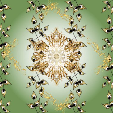 Yeşil, gri ve altın elementli nötr renklerde kusursuz klasik desen. Noel, kar tanesi, yeni yıl 2019.