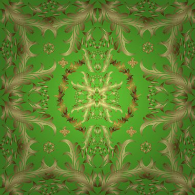 Şam, tasarım için kusursuz desen. Sarı, yeşil ve altın elementli nötr renklerde vektörsüz desen.