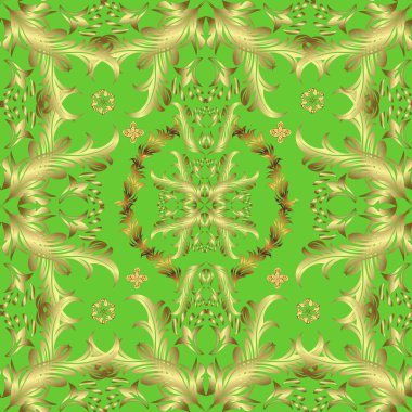 Barok tarzında altın çiçekli süs. Damask kusursuz yinelenen arkaplan. Doku arka planında altın duvar kâğıdı. Tarafsız, sarı ve yeşil renklerde altın element.