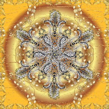 Vektör şark süsleme. Kahverengi, sarı ve bej renkler altın elemanları ile Seamless modeli. Dikişsiz altın desen.