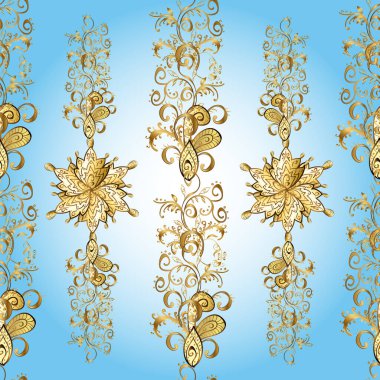 Kahverengi, mavi ve altın elementli nötr renkler. Vektör altın çiçek süsü brokar kumaş ve cam desenli. Kusursuz altın desen. Çiçek desenli altın metal..