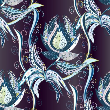 Kusursuz çiçek deseni yerleştirildi. Mavi, nötr ve kahverengi renkte çiçekler.