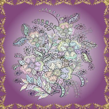 Doğa. Küçük çiçekte güzel bir desen var. Çiçek kolajı. Vektör deseni. Çiçek arkaplan. - Tarafsız, gri ve mor çiçekler. Çiçek bileşimi.