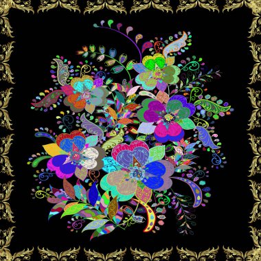 Kusursuz bir arka plan modeli. Vadinin çiçekleri mavi, siyah ve yeşil renklerde. Vektör - stok. Suluboya, elle çizilmiş.