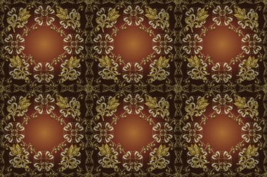 Çizim. Klasik klasik klasik arka plan. Kusursuz klasik altın desen. Geleneksel oryantasyon süsü. Sarı, mor ve kahverengi renklerde altın elementlerle kusursuz desen.