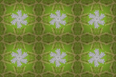 Tarafsız, yeşil ve sarı renklerde altın elementlerle kusursuz bir klasik desen. Noel, kar tanesi, yeni yıl 2019.